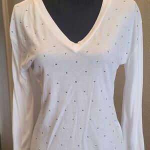 PINK Victoria's Secret White V‑Neck Long Sleeve Tee with Silver Studs